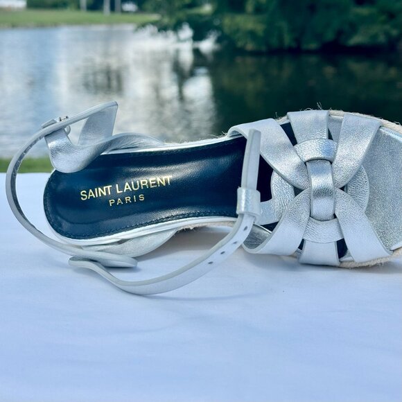 NEW Saint Laurent Tribute Espadrille Wedge Sandals YSL Metallic Silver Italy 36 - Picture 8 of 16